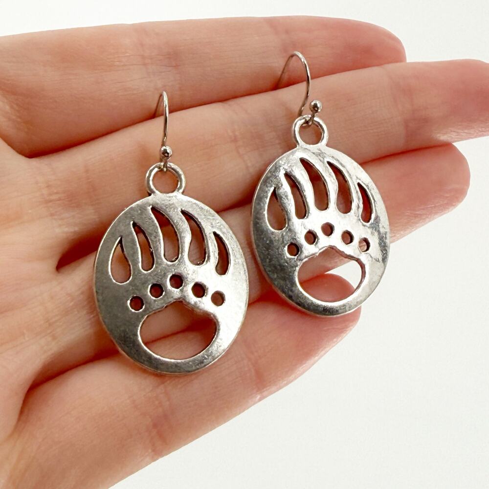 Silver Tone Bear Paw Dangle Earrings | Animal Totem Tribal Nature Jewelry